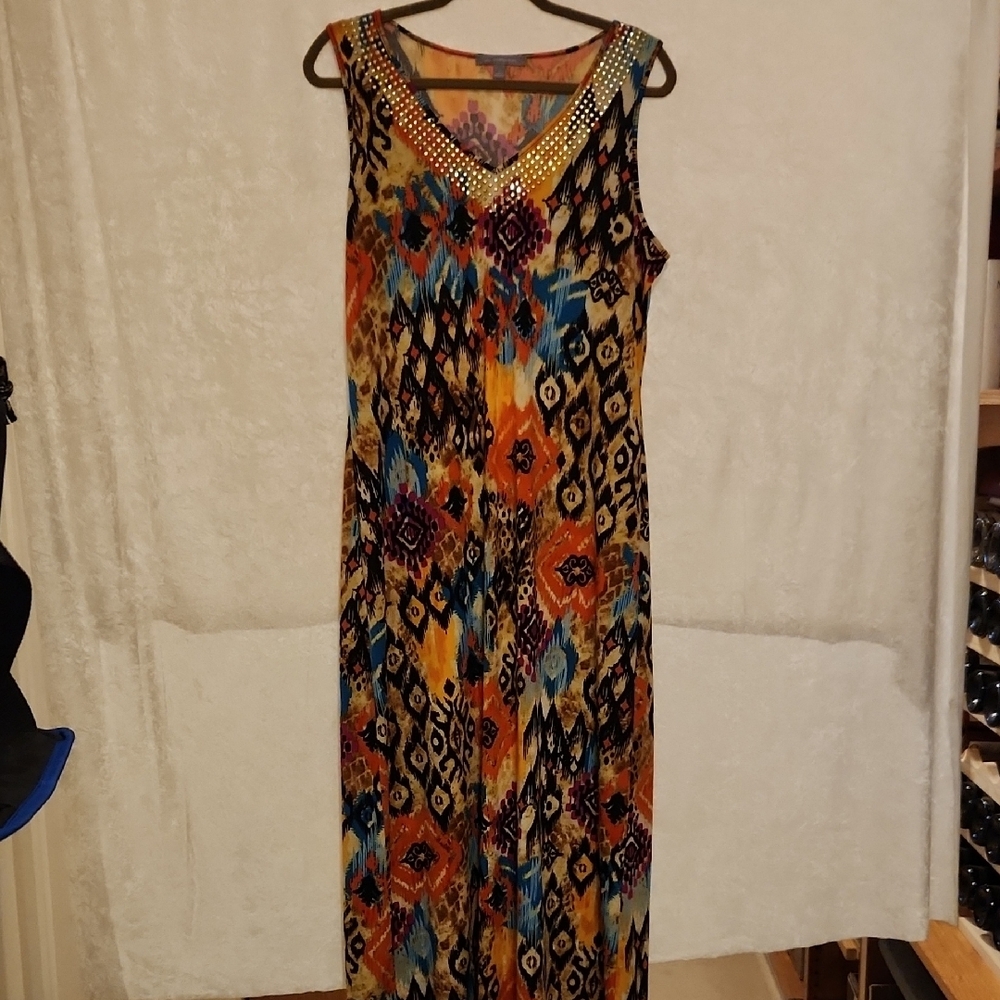 NY Collection Orange and Blue Sleeveless V-Neck Maxi Dress